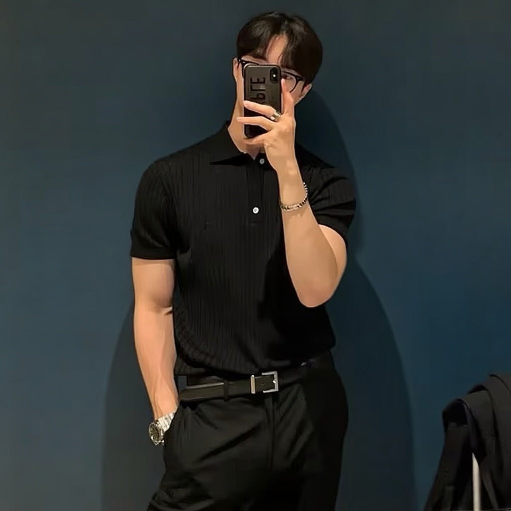Men’s Retro Knit Polo Shirt – Striped Short Sleeve Summer Style