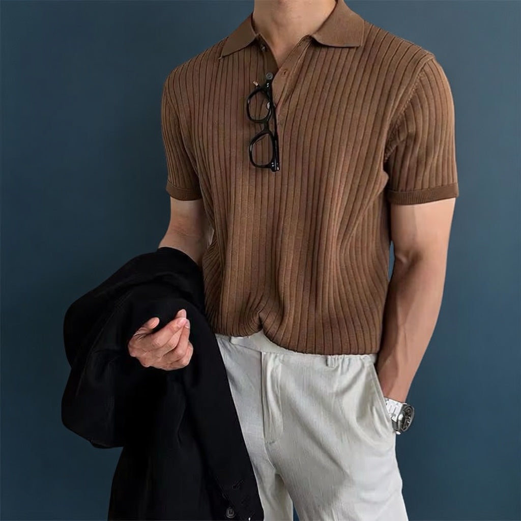 Men’s Retro Knit Polo Shirt – Striped Short Sleeve Summer Style